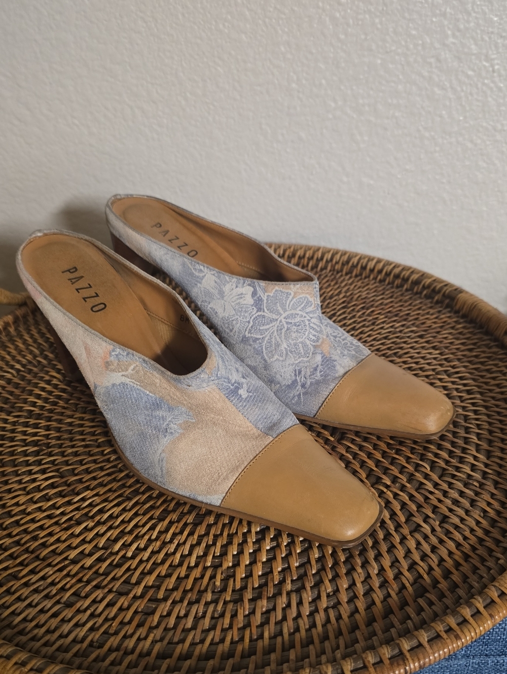PAZZO Blue Floral Suede Mules with Tan Leather Cap Toe